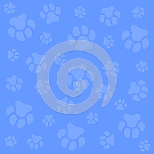 Dog paw. Blue background and light blue dog tracks. Pattern with traces.