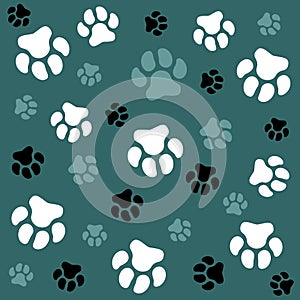 Dog paw. Grey background and dog tracks. Pattern with traces.