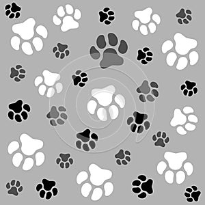 Dog paw. Grey background and dog tracks. Pattern with traces.