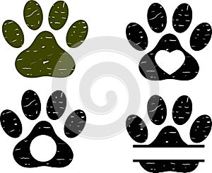 Dog paw in grunge on white background. Paw Grunge Print sign. dog paws grunge monogram. flat style