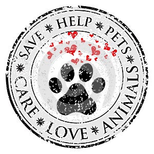 Dog paw heart love sign icon. Pets symbol textured web button. Vector Grunge post stamp. Circle banner or label. Protect your dog