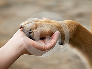 Dog paw and human hand are doing handshake, Conceptual image of friendship