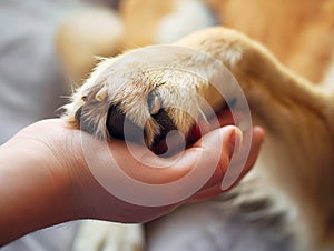 Dog paw and human hand are doing handshake, Conceptual image of friendship