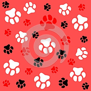 Dog paw. Pink background and dog tracks. Pattern with traces.