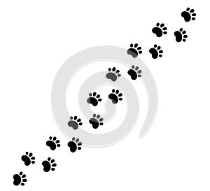 Dog paw print diagonal line. Cute cat pawprint. Pet foot trail. Black dog step silhouette. Simple doodle drawing. Vector