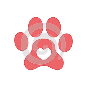 Dog paw print with heart inside it. Pet care and domestic animals owner love concept. Vector flat illustration