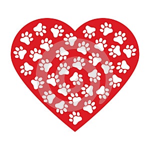 Dog paw print made of red heart vector illustration background