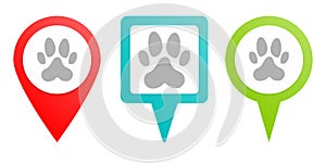 Dog paw print pin icon. Multicolor pin vector icon