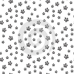 Dog paw print seamless pattern on white background .