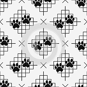 Dog paw prints seamless pattern with lines