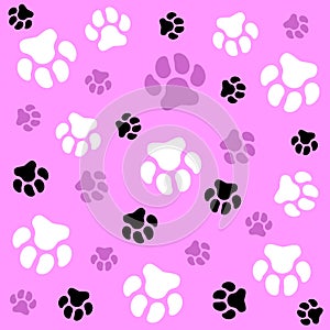 Dog paw. Purple background and dog tracks. Pattern with traces.