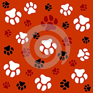 Dog paw. Red background and dog tracks. Pattern with traces.