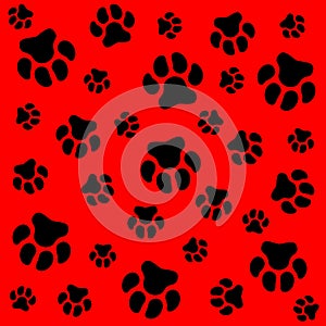 Dog paw. Red background and dog tracks. Pattern with traces.