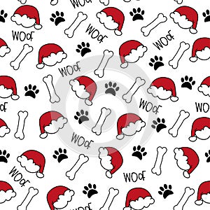 Dog paw seamless pattern for Christmas - paw print, and Santas hat, bone and woof text.