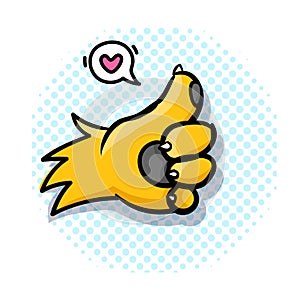 Dog paw shows like sign. Comics style