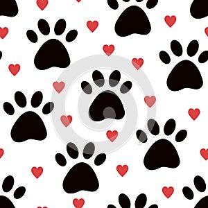 Dog paw vector seamless pattern with hearts. Cute Valentine wallpaper background for pet shop, vet, goods for pet package. kitten