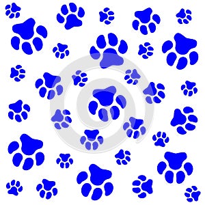Dog paw. White background and dog tracks. Pattern with traces.