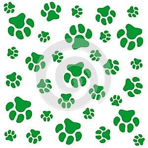 Dog paw.White background and green dog tracks. Pattern with traces.