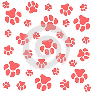 Dog paw.White background and pink dog tracks. Pattern with traces.