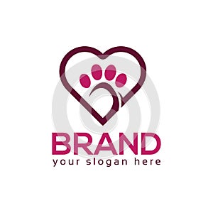 Dog paws with heart icon. Logo Vector