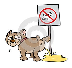 Dog peeing on NO DOGS sign