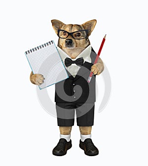 Dog with pencil and notebook