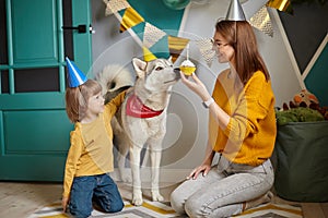 Dog pet birthday party, Happy family mother and child congratulating pet with birthday cupcake, child hugging a dog