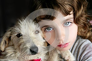 Dog pet and girl portrait blue eyes