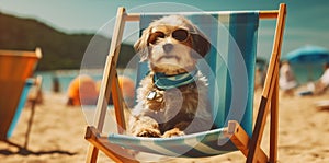 dog relax beach funny lazy pet sunglasses summer vacation chair. Generative AI.