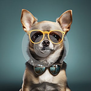 dog pet yellow fun puppy background cute glasses animal portrait chihuahua. Generative AI.