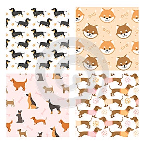 Dog pets seamless pattern vector illustrations, cartoon cute flat animal background set with black brown doggy or funny