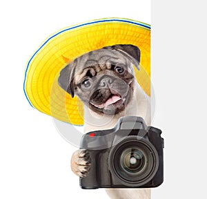 Dog photographer in summer hat peeking from behind empty board and taking pictures. isolated on white background