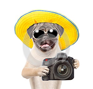 Dog photographer in summer hat and sunglasses taking pictures. isolated on white background