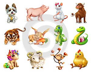 Funny animal in the Chinese zodiac, Chinese calendar. Vector icon set