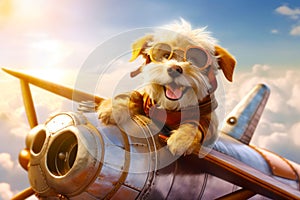 Dog in pilot's outfit sitting on propellor. Generative AI