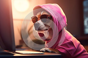 Dog in pink hoodie wearing sunglasses. Generate ai