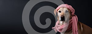 A dog in a pink scarf and hat. AI Generated