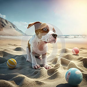 Dog pitbull play summer activity. Dog pitbull playing ball toy summer activity and sitting in sand