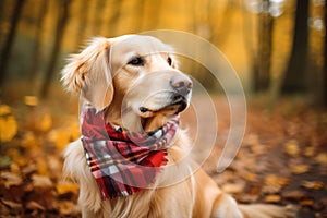 Dog in a plaid bandana on an autumn forest background.