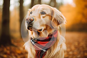 Dog in a plaid bandana on an autumn forest background.