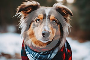 Dog in a plaid bandana on a winter snowy background.