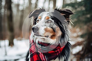 Dog in a plaid bandana on a winter snowy background.