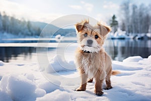 dog play in snow by lake in winter AI generated