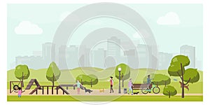 Dog playground in city park flat illustration.People playing with dogs in public park.Dog training equipment,dog walking