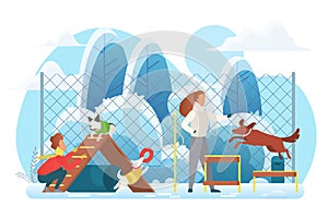 Dog playground flat vector illustration. People with dogs cartoon characters. Man and woman playing with pets in winter