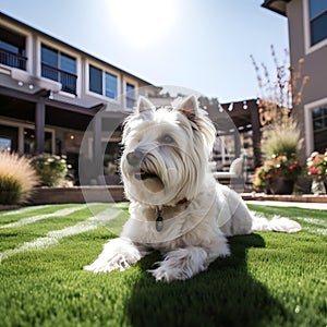 dog playing on artificial turf, SD Home, Big Back Yard, Sunny, upscale home