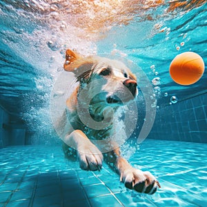 dog playing and fetching the ball from under the water