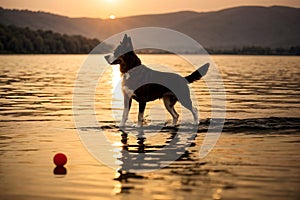 A dog is playing with his ball at a lake at sunset