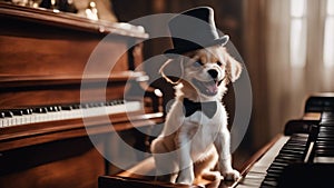 dog playing piano A jovial Bordeaux puppy with a wide grin, wearing a tiny top hat and monocle, seated at a miniature piano