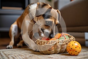 dog playing with squeaky toy and grabbing another one from basket nearby